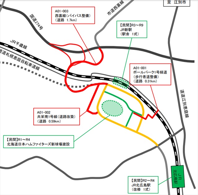 北海道ボールパーク新球場周辺バイパス道路整備予定地図