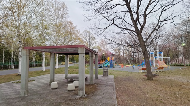 公園内ベンチと遊具エリア