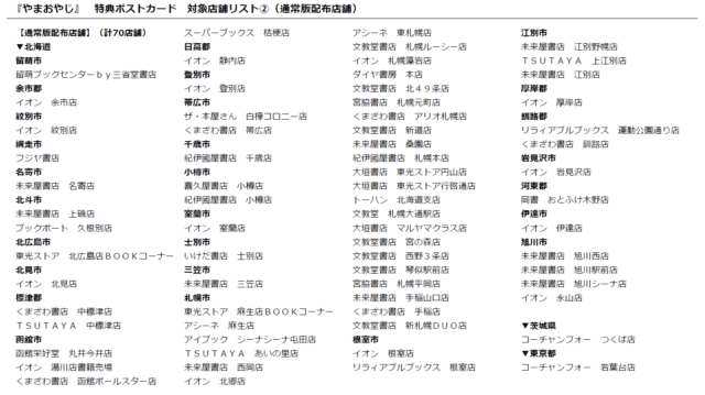 やまおやじ特典配布店舗一覧表