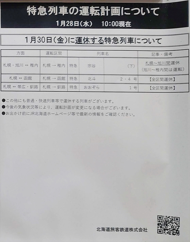 特急列車運休情報　2026年1月30日