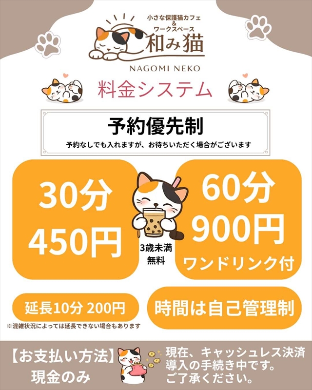 小さな保護猫カフェ&ワークスペース 和み猫(なごみねこ)時間・料金