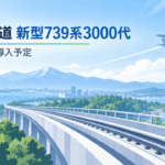 JR北海道の新型739系3000代が2027年春導入予定であることを伝える線路と飛行機のイメージイラスト
