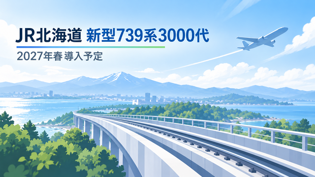 JR北海道の新型739系3000代が2027年春導入予定であることを伝える線路と飛行機のイメージイラスト