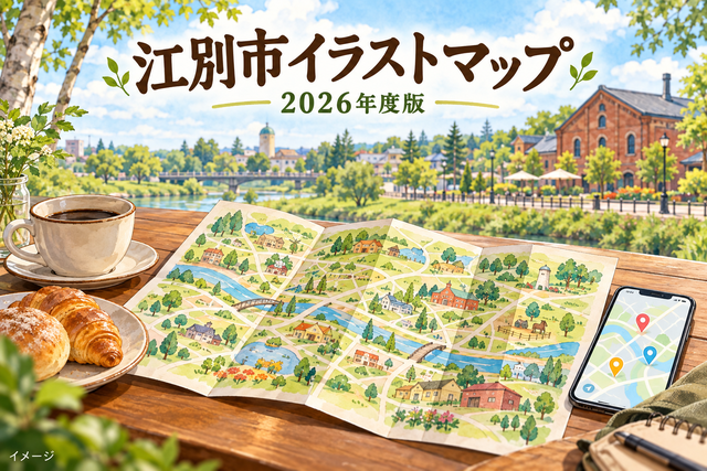 地図とスマートフォンで江別市内を巡るイメージイラスト（実際の地図ではありません）