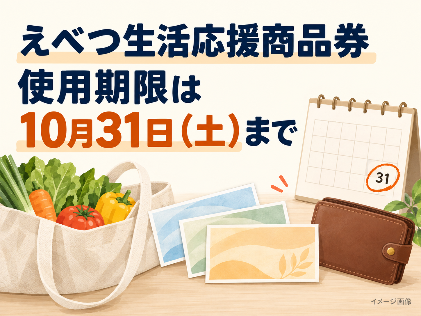 えべつ生活応援商品券の使用期限は10月31日（土）までと知らせる買い物のイメージイラスト