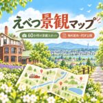 えべつ景観マップを表すレンガ建築・並木道・折りたたみ地図のイメージイラスト