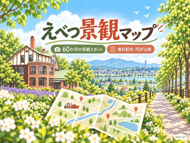 えべつ景観マップを表すレンガ建築・並木道・折りたたみ地図のイメージイラスト