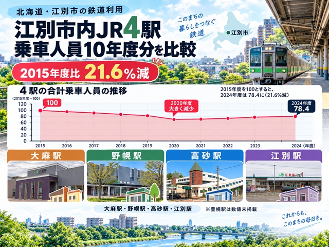 【江別市】市内JR4駅の乗車人員10年度分を比較、2015年度比21.6％減　大麻駅・野幌駅・高砂駅・江別駅の推移